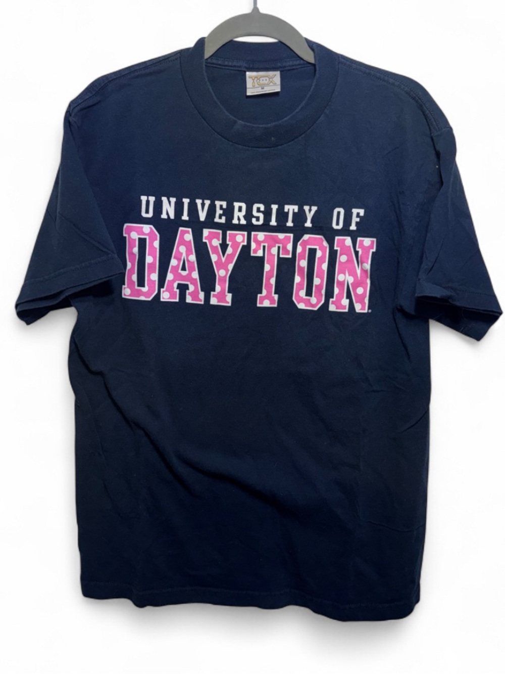 Blue University of Dayton Graphic T Pink Polka-Dot Block Lettering Women’s M